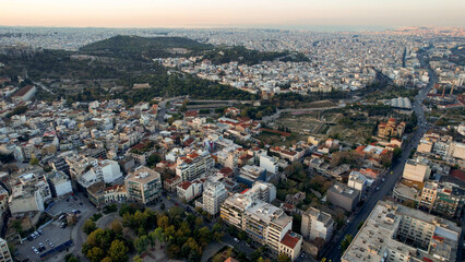 Aerial view around the capitol city Athens in Greece on an early sunny morning in fall.