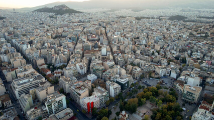 Aerial view around the capitol city Athens in Greece on an early sunny morning in fall.