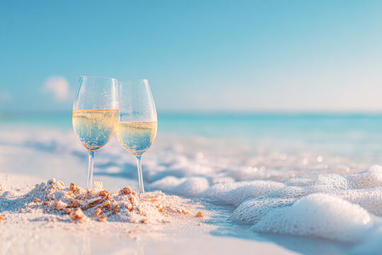 Two glasses of sparkling wine sit on a sandy beach, with gentle waves lapping at the shore under a bright blue sky.