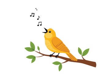 A small yellow bird sings beautifully perched on a leafy branch with musical notes floating above its head