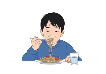 Young boy happily enjoys eating a delicious plate of spaghetti for lunch