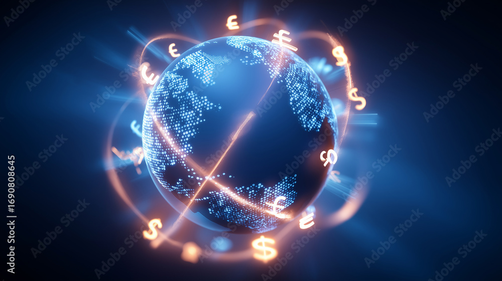 Poster a holographic network glows with currency symbols swirling around a digital globe glowing paths conn