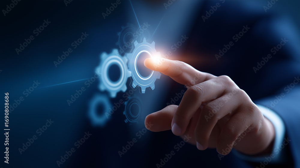 Aufkleber a glowing automation dashboard pulses with workflow pathways gears rotating as digital tools link to