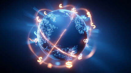 A holographic network glows with currency symbols swirling around a digital globe glowing paths connecting continents in real time. Digital payments flicker in radiant light atmo