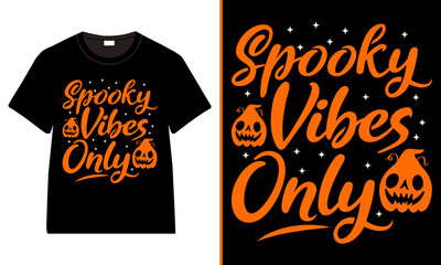  Spooky Vibes Only Script Halloween T‑Shirt, Orange Brush Lettering with Pumpkins