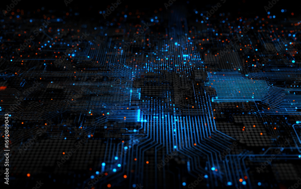 Poster abstract digital circuit board with glowing dots and lines