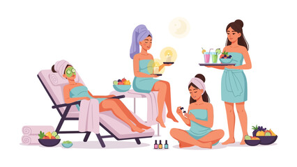 Group of women enjoying a relaxing spa day with facials massages and refreshing drinks served by a therapist