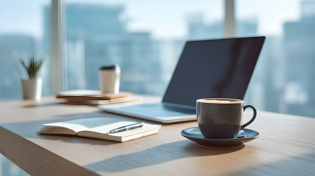 Modern workspace computer coffee and equipment on table - Powered by Adobe