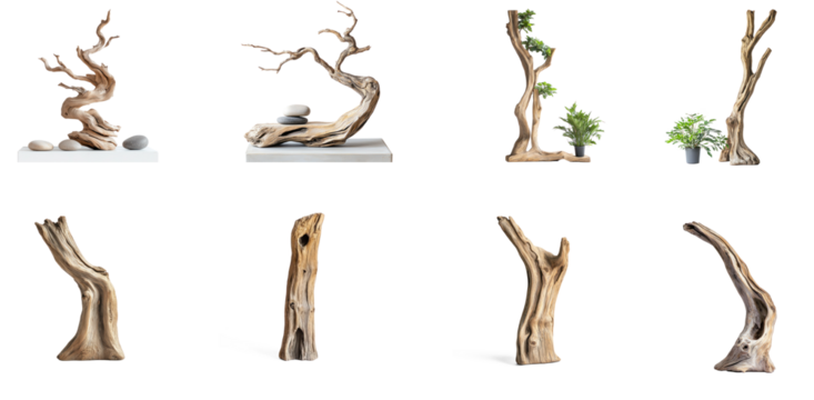 A collection of driftwood sculptures and plants arranged in a Zen-like setting.