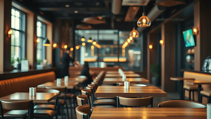 Modern cafe bar or club interior with high wooden tables and chairs