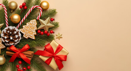 Festive Christmas arrangement with golden gift, pinecone, gingerbread, and pine branches evokes holiday cheer