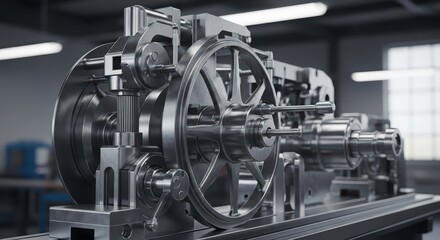 Fototapeta premium Close up view of complex metal machine. Industrial mechanism with gears and levers for manufacturing and engineering concept.
