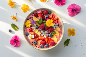 Smoothie bowl decorated with edible flowers,