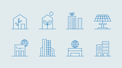A set of six minimalist line art icons in blue against a white background, depicting sustainable and eco-friendly buildings.  