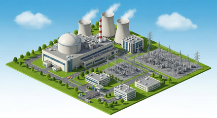 Isometric view of a nuclear power plant with reactors, cooling towers, and electrical substation, clean energy production and distribution