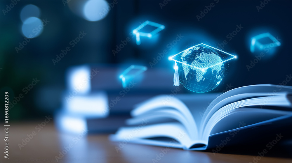 Poster a luminous education dashboard projects global online learning icons glowing graduation caps and ope
