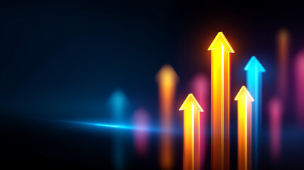 A futuristic startup growth dashboard glows with innovation metrics market expansion arrows shining in bold colors. The scene reflects energy creativity and forward momentum
