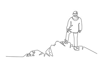Traveler Valley Mountain concept. Single line draw design. Vector graphic illustration