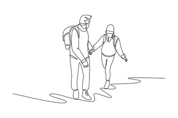 Traveler Valley Mountain concept. Single line draw design. Vector graphic illustration