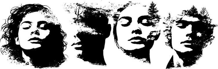 Grunge black and white faces set for urban design and art projects
