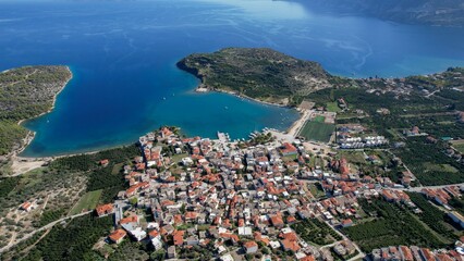 Aerial view around the city and harbour town Epidauros in Greece on a sunny autumn day.