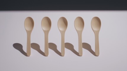 A set of five wooden spoons arranged in a row.