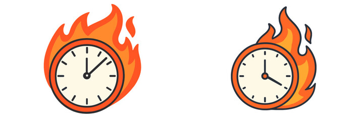Two burning clock icons representing the concept of a pressing deadline, urgency, and limited time available