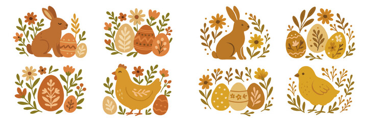 Collection of Easter holiday elements with cute bunny, chick, hen, and decorated eggs in a rustic folk art style with floral motifs © Andrei
