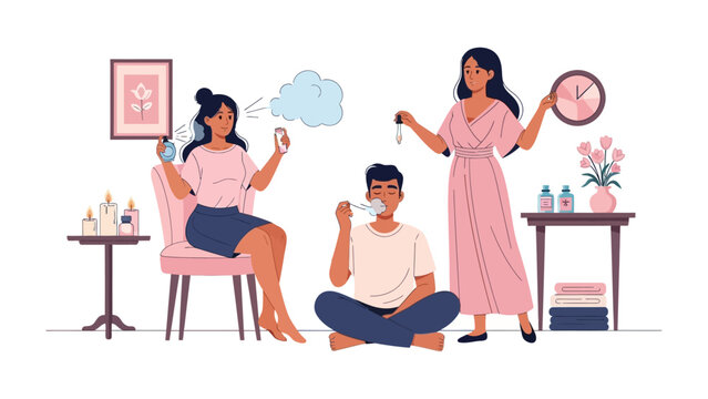 Three young adults enjoying a relaxing self care routine at home with beauty products and skincare items in a bright modern setting