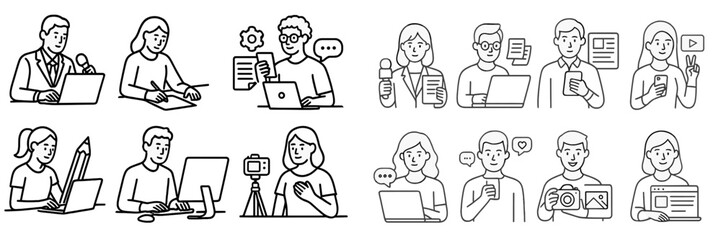 Set of content creator and media professional characters in outline style. Collection of blogger, vlogger, journalist, and writer icons for web and mobile design