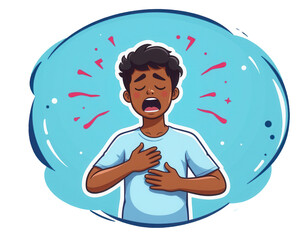 Young boy expressing discomfort with hand on chest in illustration