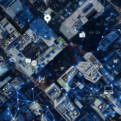 Modern city aerial view and communication network banner or advertising square visual