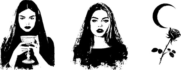 Monochrome grunge portraits and symbols with gothic aesthetic for creative design