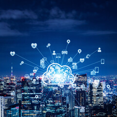 Modern city and cloud computing square visuals for banners and advertisements