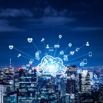 Modern city and cloud computing square visuals for banners and advertisements