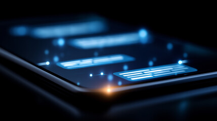 A digital interface glows with an AI powered chatbot conversation bubbles forming dynamically as natural language flows across the screen. Bright icons pulse with human like inter