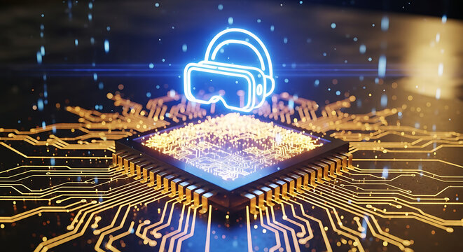Photo of futuristic vr headset hovering over a glowing microchip on a circuit board - Powered by Adobe
