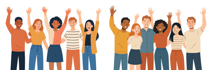 Diverse group of happy young people standing together and waving their hands in celebration isolated on a white background