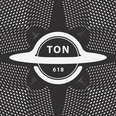 Vector minimalist logo with black hole Ton 618 or planet with rings and gravity waves on the theme of space, astronomy, astrophysics and universe. T-shirt design, logo, label. Not used aI