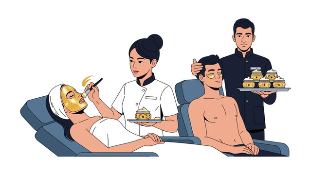 A woman receives a luxurious facial treatment in a spa while a man relaxes and a server offers refreshments highlighting pampering and relaxation