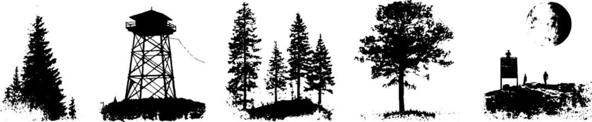 Black and white grunge set of forest silhouettes with fire watchtower and trees for design