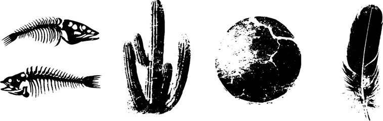 Grunge black and white art set: fish skeletons, cactus, sphere, feather design for creative projects