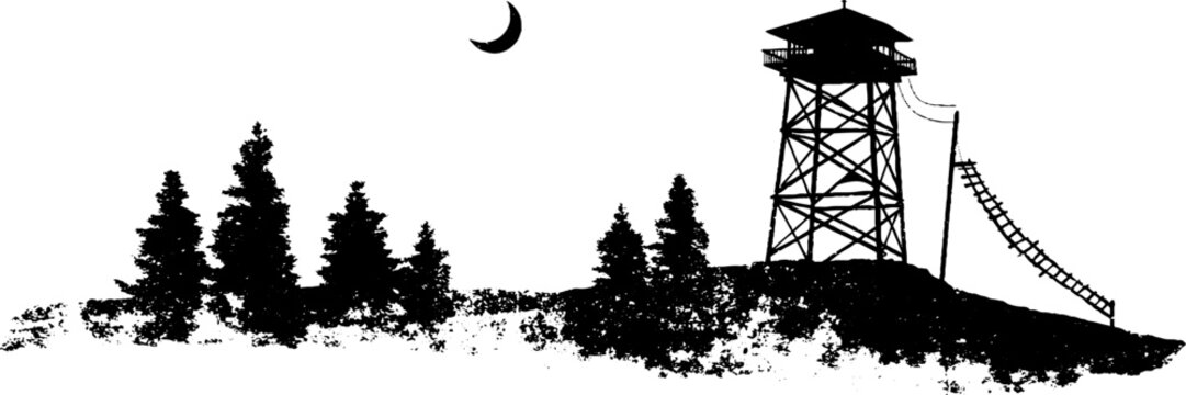 Grunge black and white silhouette of firewatch tower scene with trees and moon