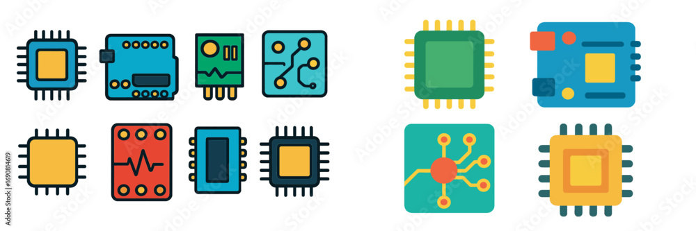 Poster collection of computer microchip, processor, and integrated circuit icons for technology and electro