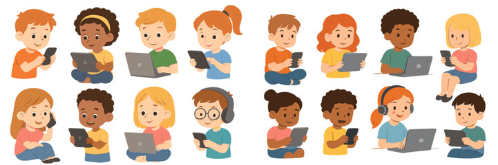 Diverse group of children using digital devices like laptops, tablets, and smartphones for learning and entertainment