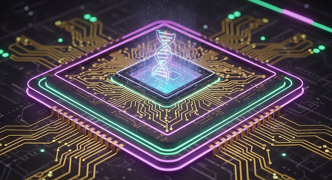 Photo of futuristic digital dna chip with glowing circuits and abstract technology background