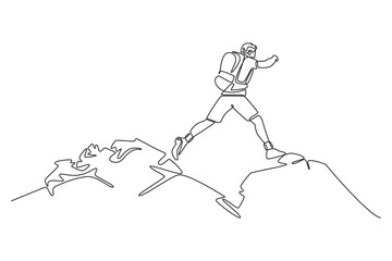 Traveler Valley Mountain concept. Single line draw design. Vector graphic illustration