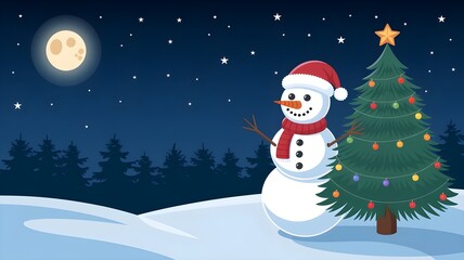 Fototapeta premium Snowman next to a decorated Christmas tree on Christmas night in a snowy landscape