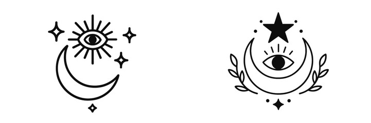 Mystical celestial symbols with all-seeing eye, crescent moon, and stars in a minimalist line art style for esoteric and bohemian designs