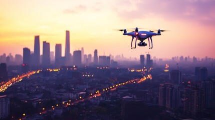 A drone flying over a cityscape at sunset, with a view of tall buildings and a river below.